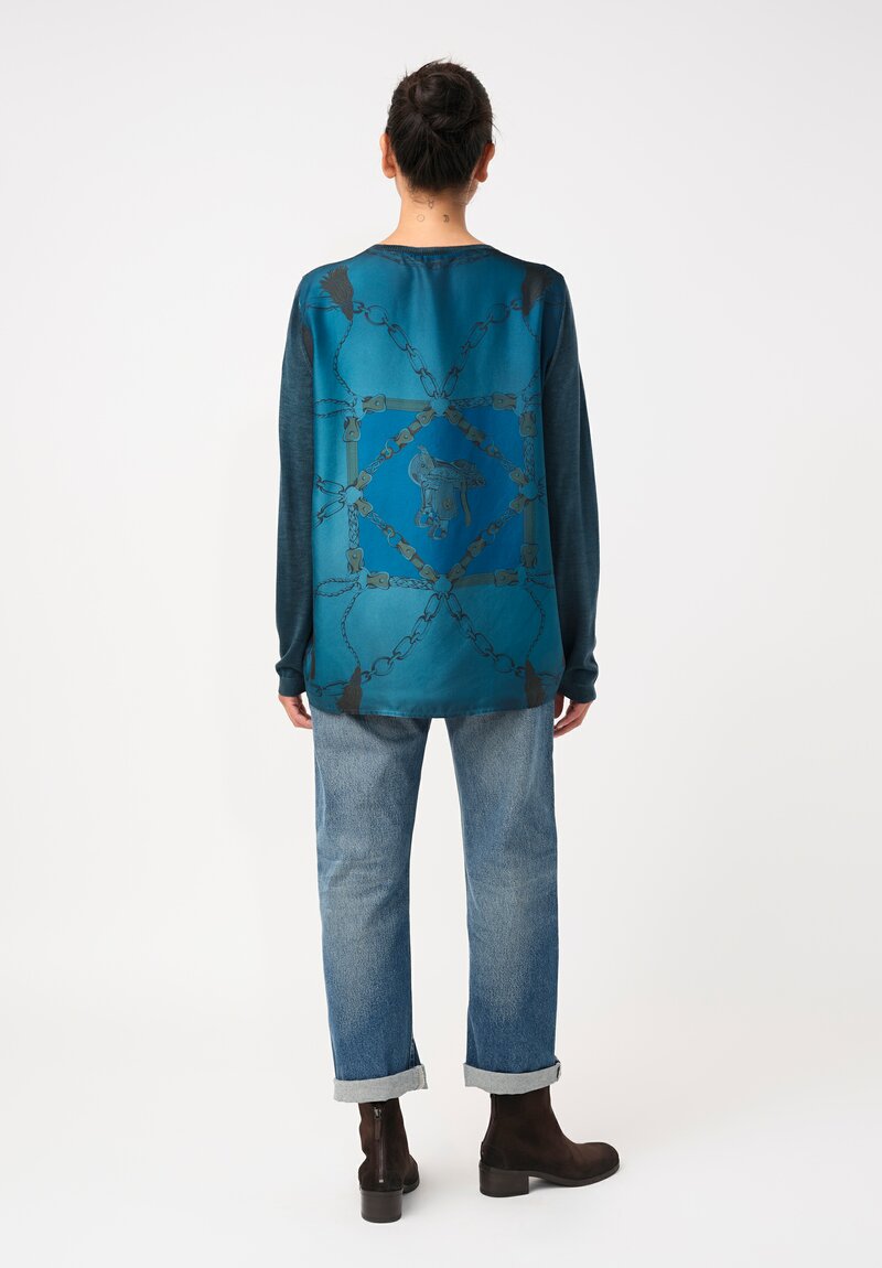 Avant Toi Cashmere & Vintage Silk One-of-a-Kind V-Neck Sweater in Laguna Blue Saddle