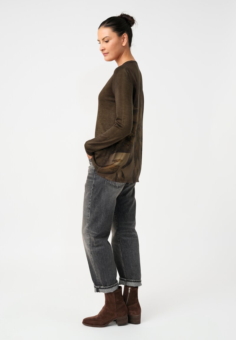 Avant Toi Cashmere & Vintage Silk One-of-a-Kind V-Neck Sweater in Moss Green Lillies