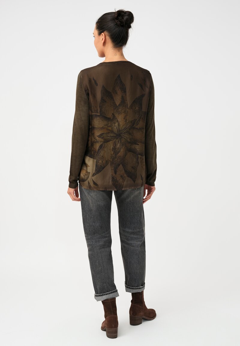 Avant Toi Cashmere & Vintage Silk One-of-a-Kind V-Neck Sweater in Moss Green Lillies