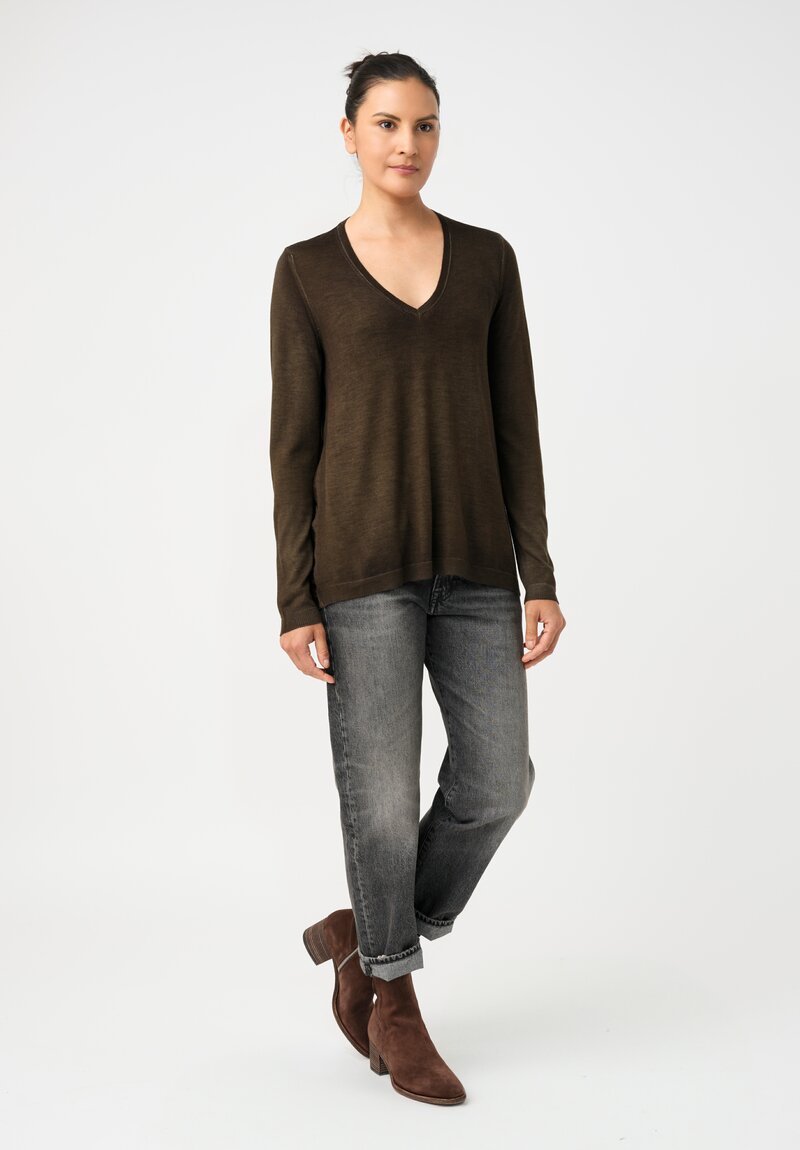 Avant Toi Cashmere & Vintage Silk One-of-a-Kind V-Neck Sweater in Moss Green Mosaic