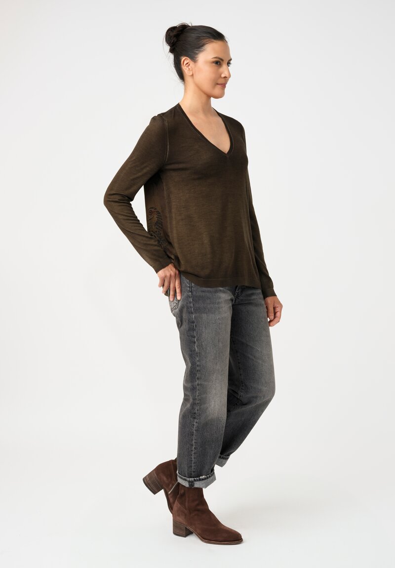 Avant Toi Cashmere & Vintage Silk One-of-a-Kind V-Neck Sweater in Moss Green Mosaic