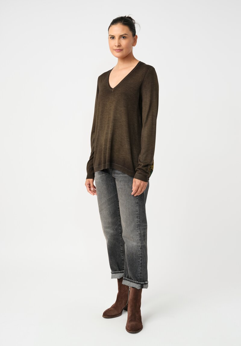 Avant Toi Cashmere & Vintage Silk One-of-a-Kind V-Neck Sweater in Moss Green Tassels