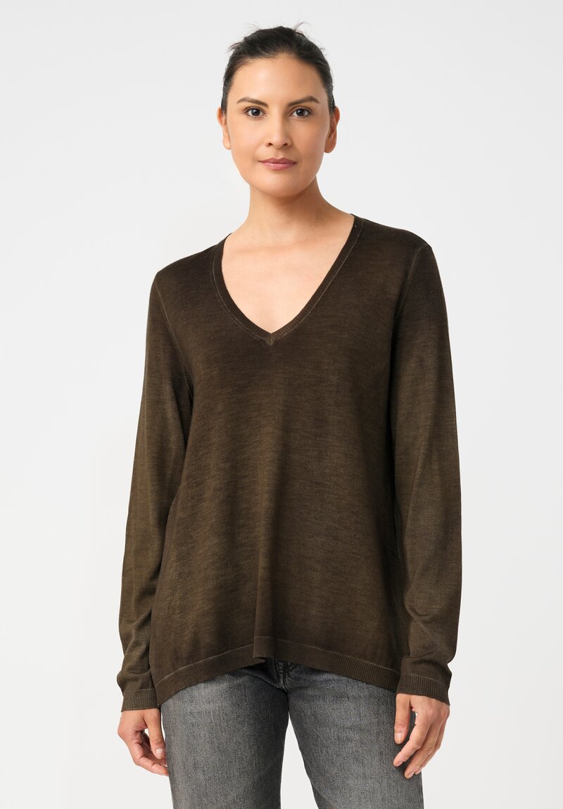 Avant Toi Cashmere & Vintage Silk One-of-a-Kind V-Neck Sweater in Moss Green Ferns