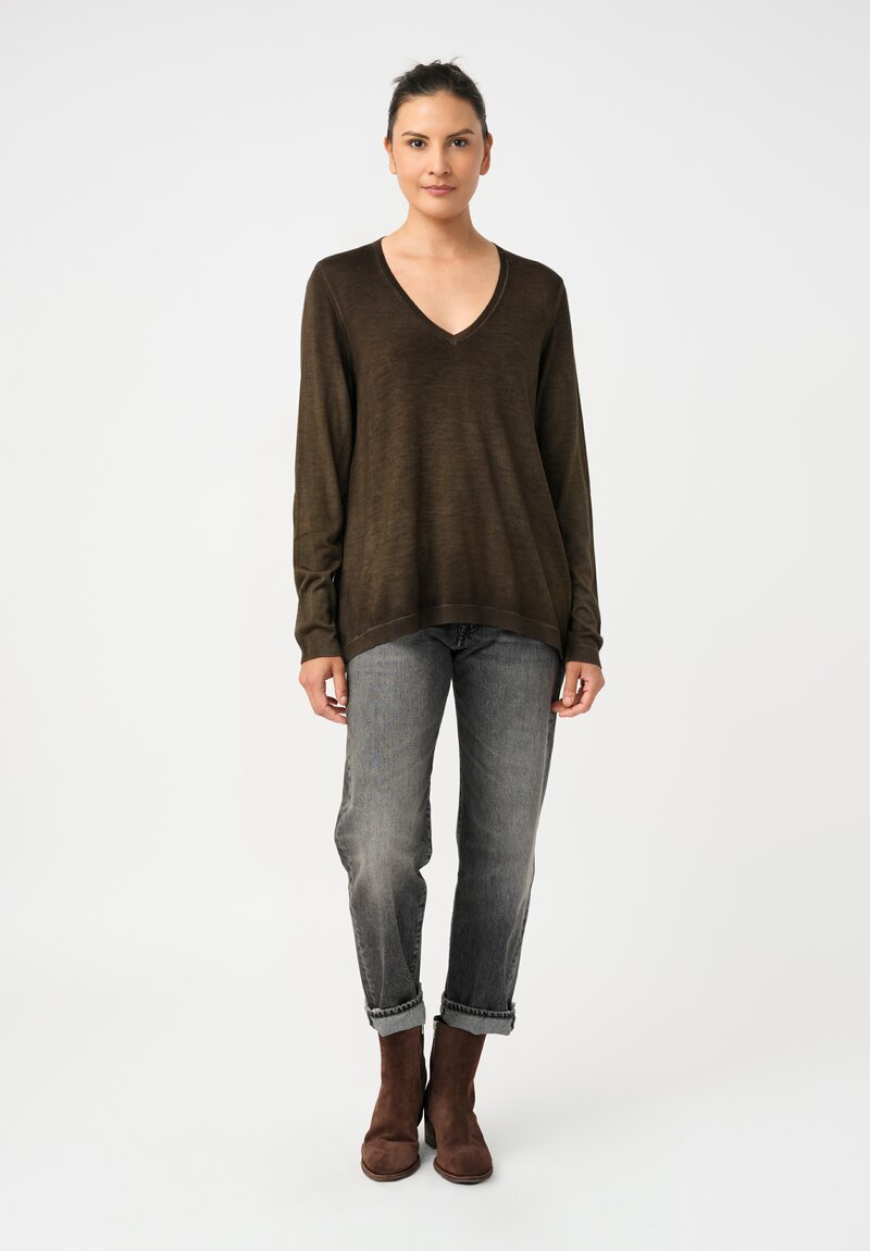 Avant Toi Cashmere & Vintage Silk One-of-a-Kind V-Neck Sweater in Moss Green Ferns