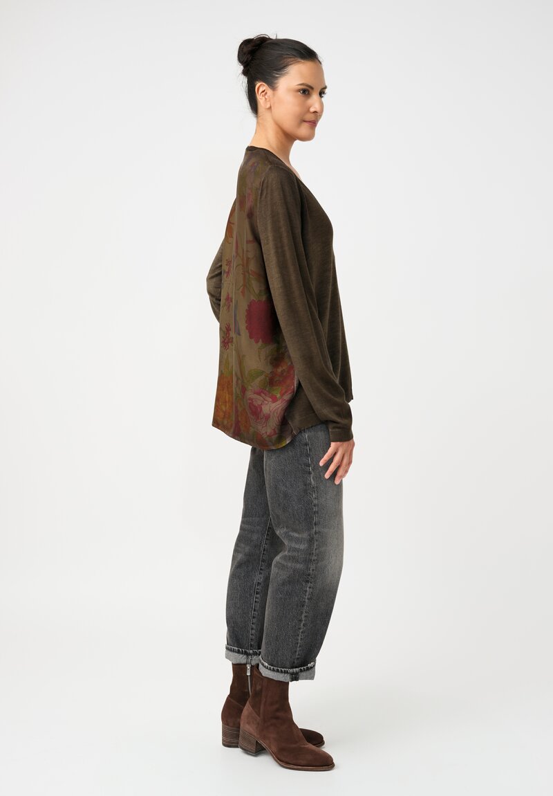 Avant Toi Cashmere & Vintage Silk One-of-a-Kind V-Neck Sweater in Moss Green Floral