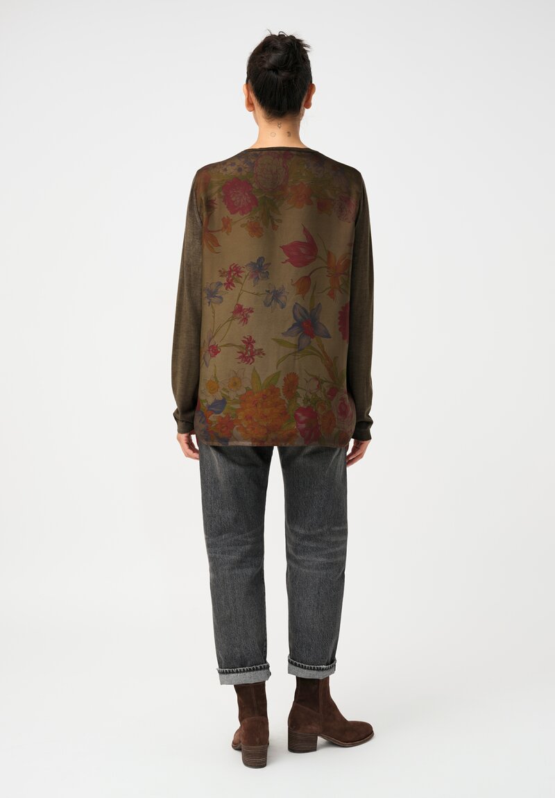 Avant Toi Cashmere & Vintage Silk One-of-a-Kind V-Neck Sweater in Moss Green Floral