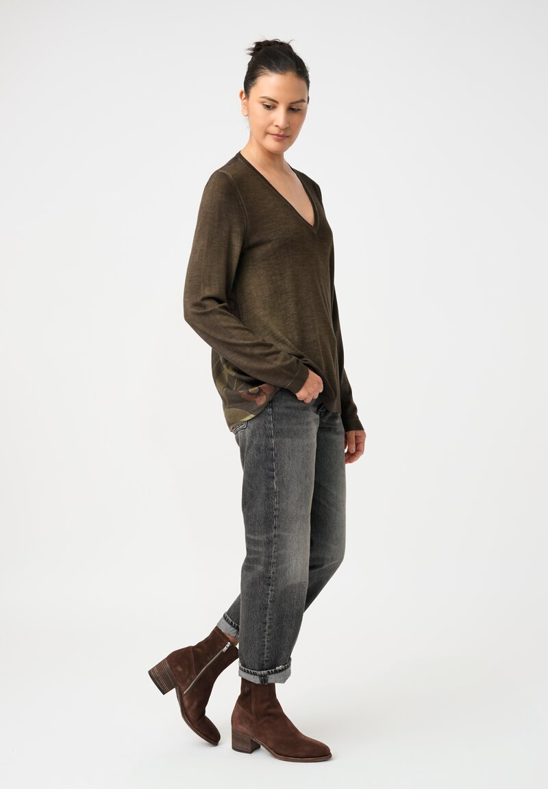 Avant Toi Cashmere & Vintage Silk One-of-a-Kind V-Neck Sweater in Moss Green Poppies