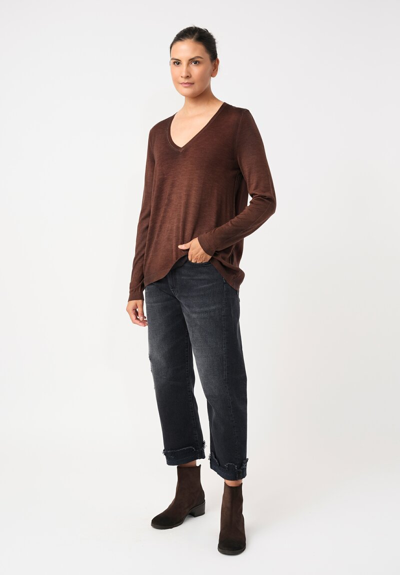 vant Toi Cashmere & Vintage Silk One-of-a-Kind V-Neck Sweater in Brownie Brown Saddles
