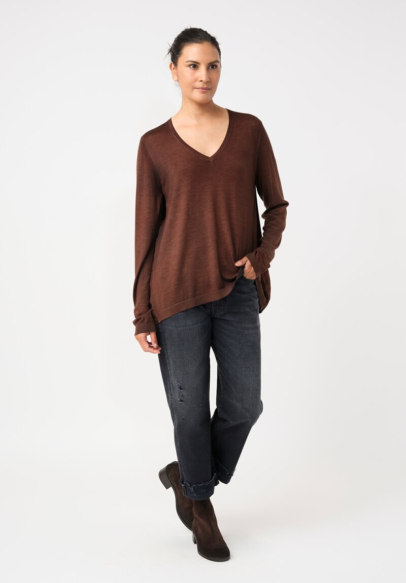 Avant Toi Cashmere & Vintage Silk One-of-a-Kind V-Neck Sweater in Brownie Brown Swirls