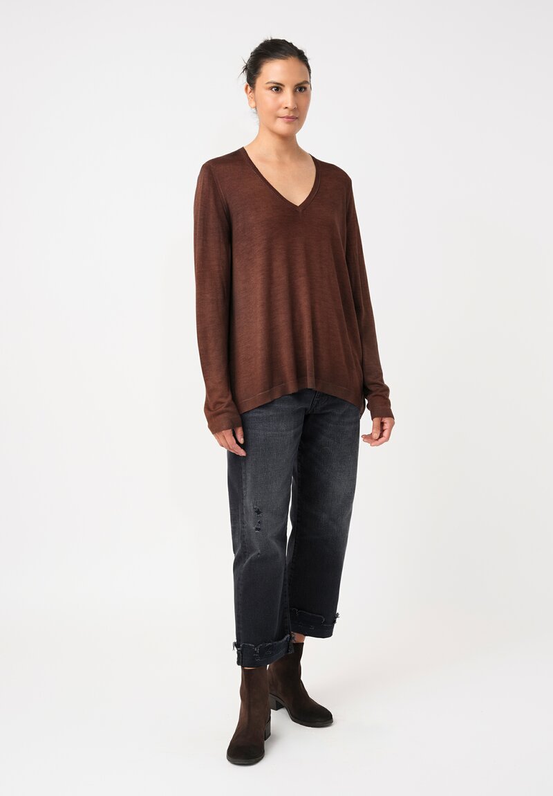 Avant Toi Cashmere & Vintage Silk One-of-a-Kind V-Neck Sweater in Brownie Brown Swirls