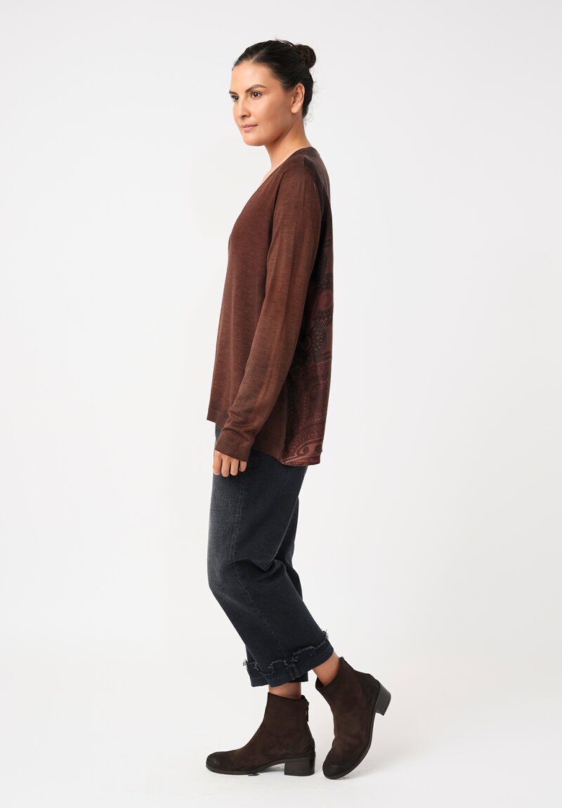 Avant Toi Cashmere & Vintage Silk One-of-a-Kind V-Neck Sweater in Brownie Brown Mandala