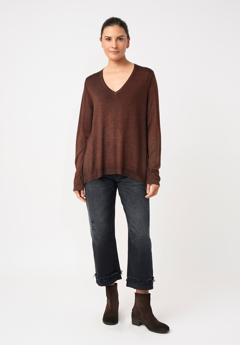 Avant Toi Cashmere & Vintage Silk One-of-a-Kind V-Neck Sweater in Brownie Brown Mandala