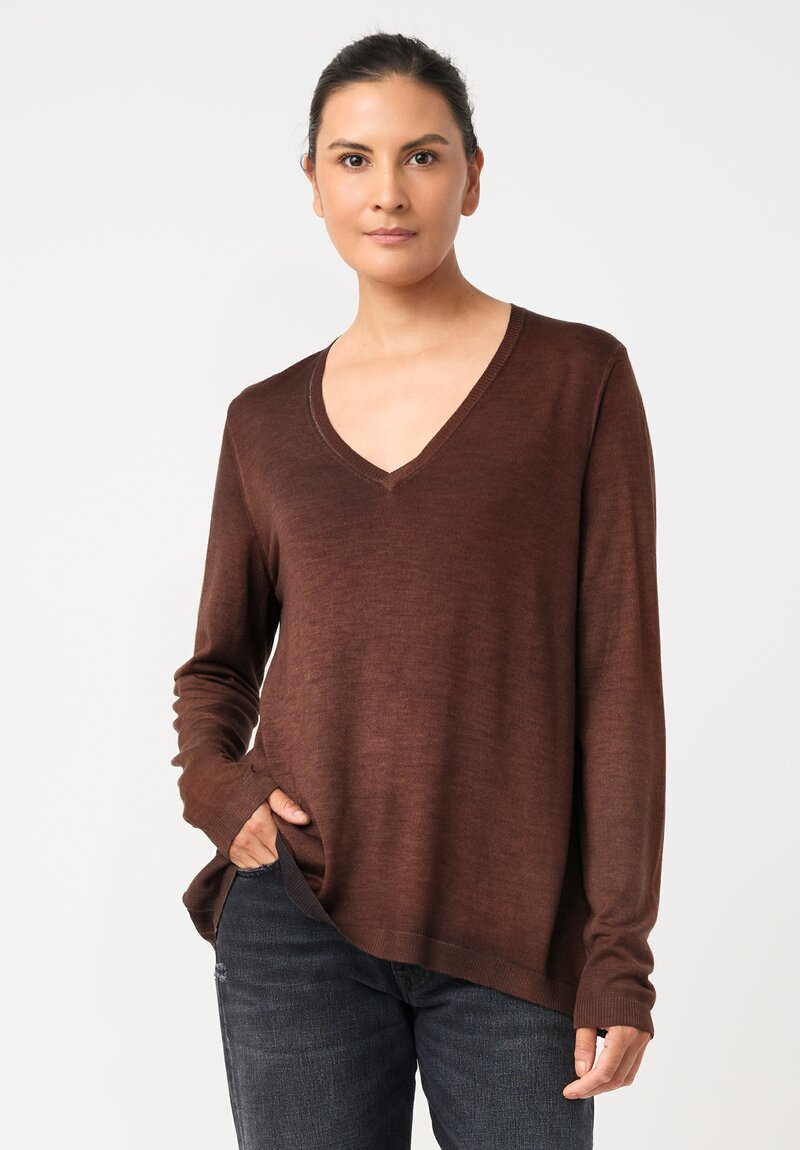 Avant Toi Cashmere & Vintage Silk One-of-a-Kind V-Neck Sweater in Brownie Brown Mandala