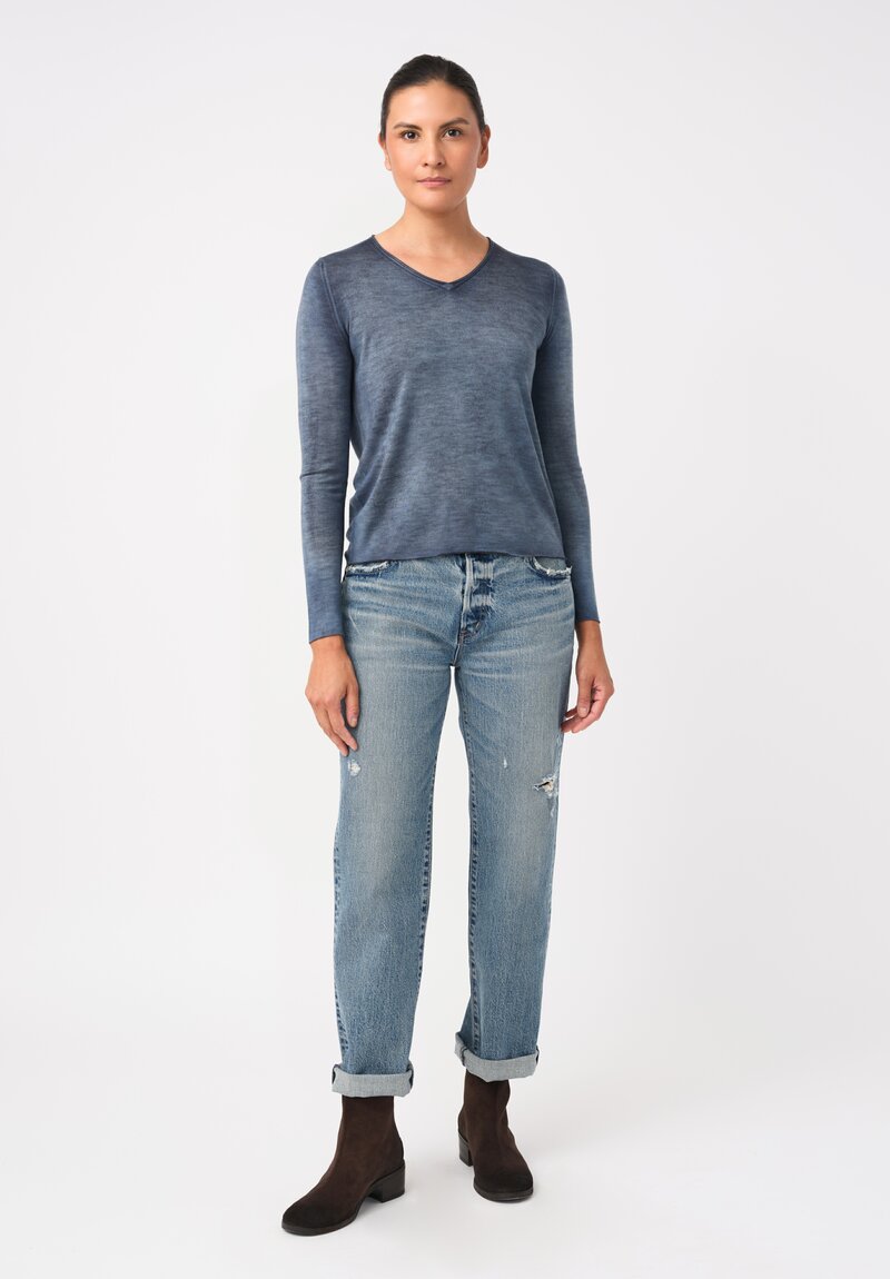 Avant Toi Cashmere & Silk Hand-Painted V-Neck Sweater in Nero & Water Blue