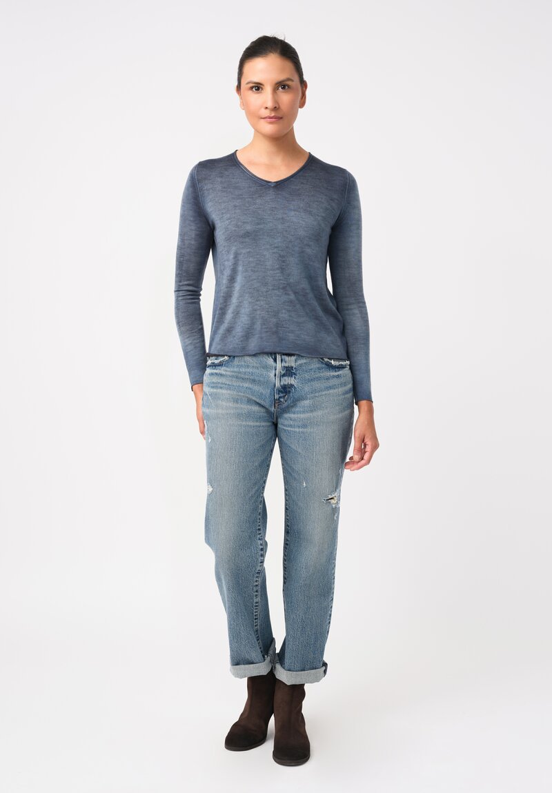 Avant Toi Cashmere & Silk Hand-Painted V-Neck Sweater in Nero & Water Blue