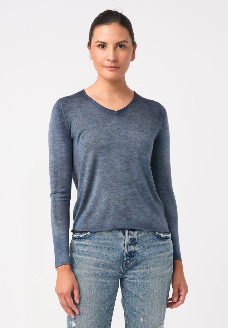 Avant Toi Cashmere & Silk Hand-Painted V-Neck Sweater in Nero & Water Blue