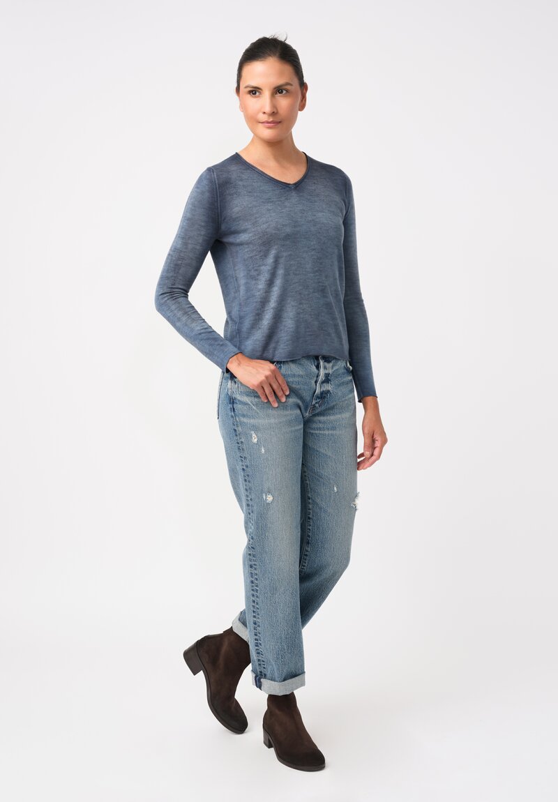 Avant Toi Cashmere & Silk Hand-Painted V-Neck Sweater in Nero & Water Blue