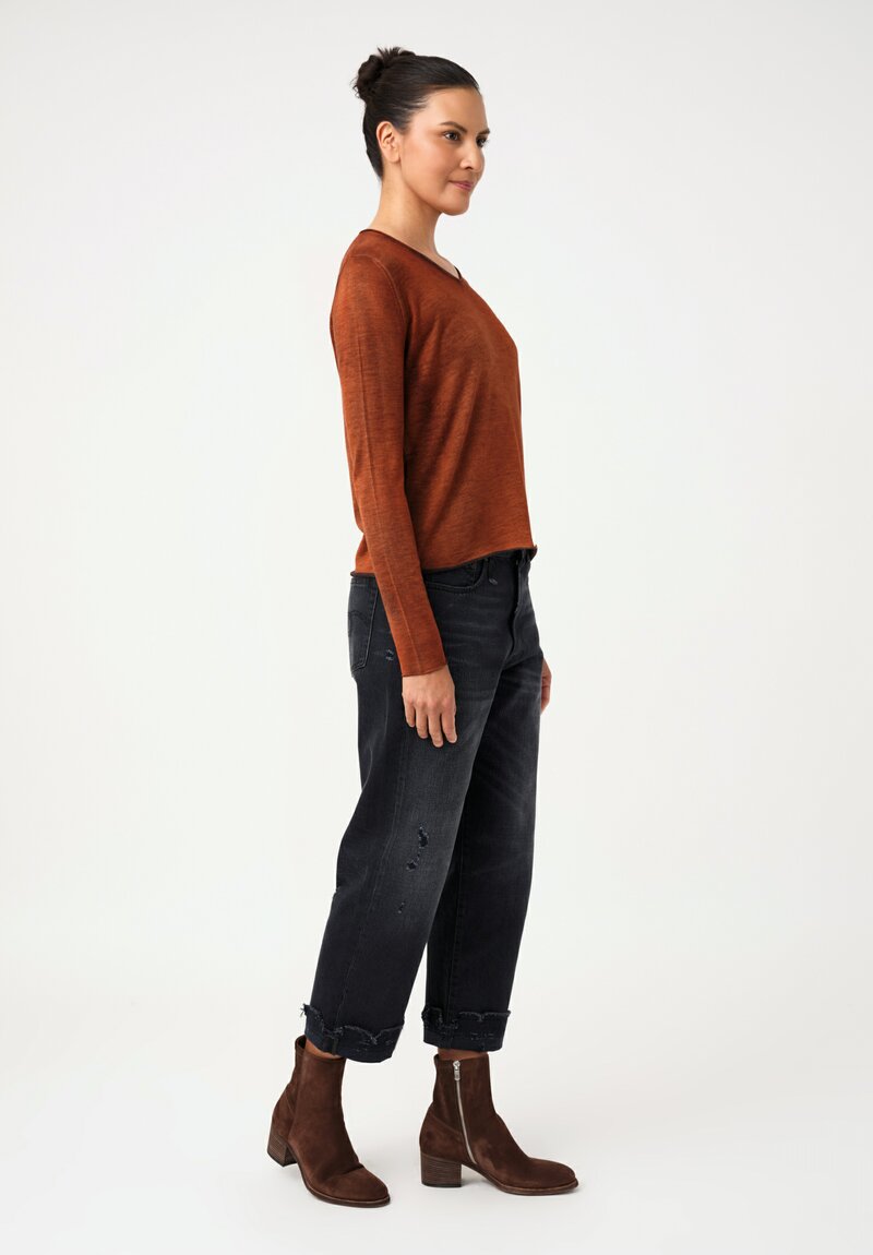 Avant Toi Hand-Painted Cashmere & Silk V-Neck Sweater in Nero & Mango Brown
