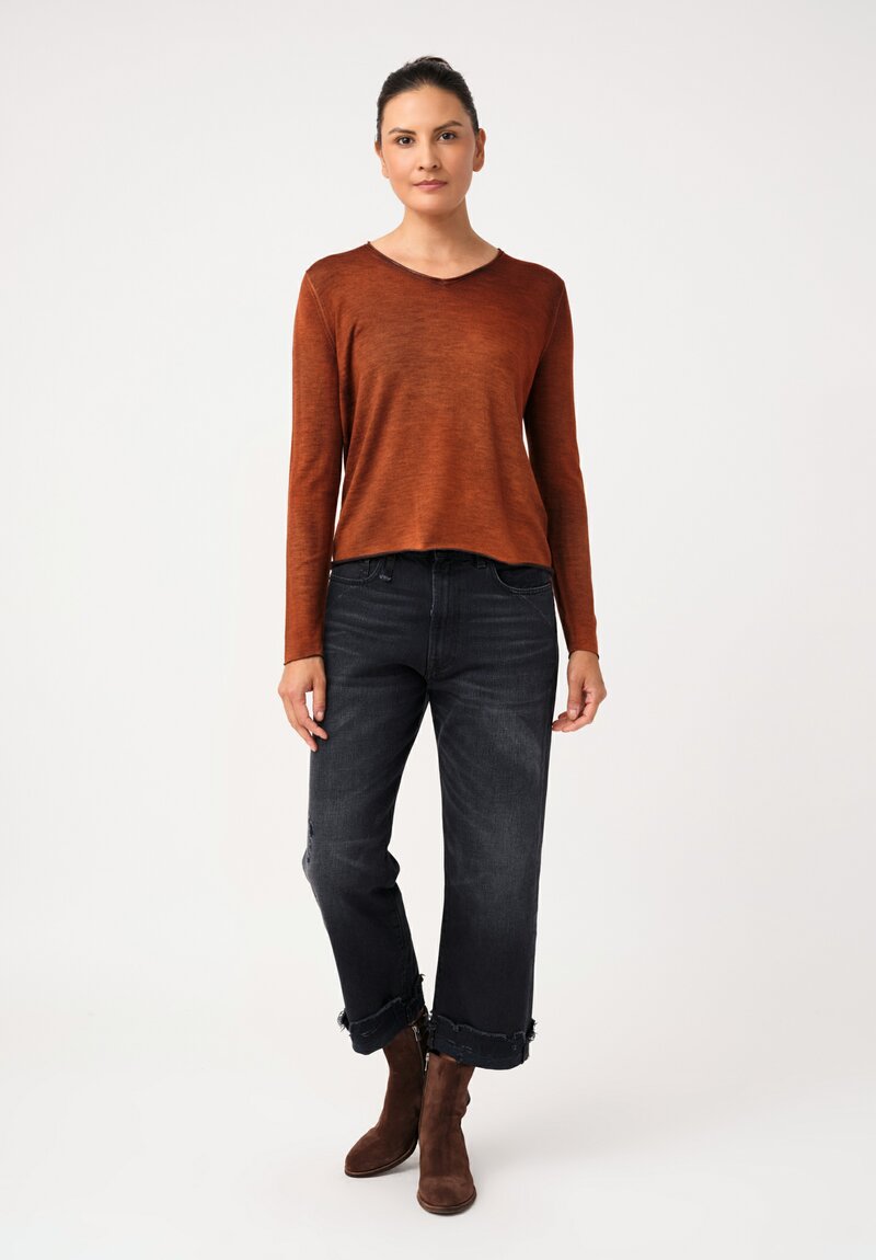 Avant Toi Hand-Painted Cashmere & Silk V-Neck Sweater in Nero & Mango Brown