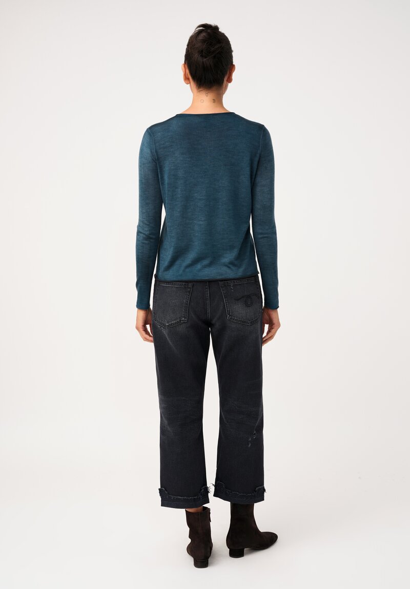 Avant Toi Hand-Painted Cashmere & Silk V-Neck Sweater in Nero & Laguna Blue