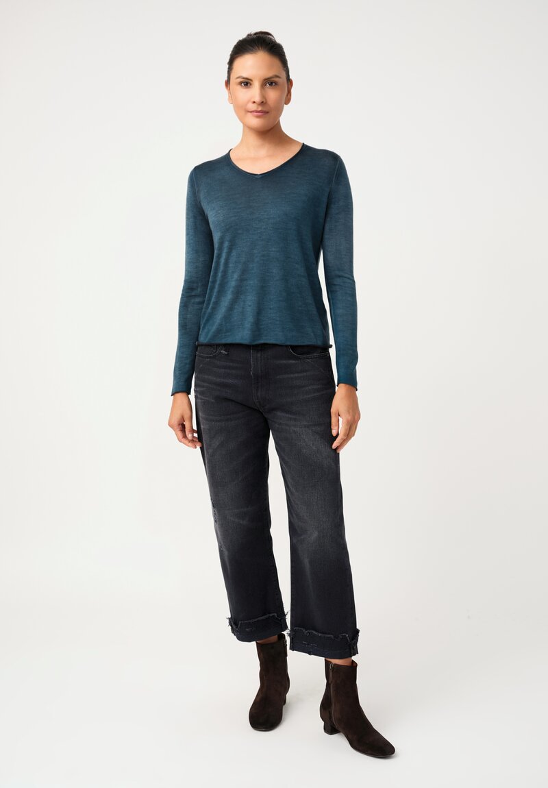 Avant Toi Hand-Painted Cashmere & Silk V-Neck Sweater in Nero & Laguna Blue