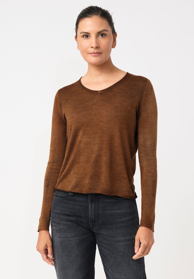 Avant Toi Cashmere & Silk Hand-Painted V-Neck Sweater in Nero & Antilope Brown