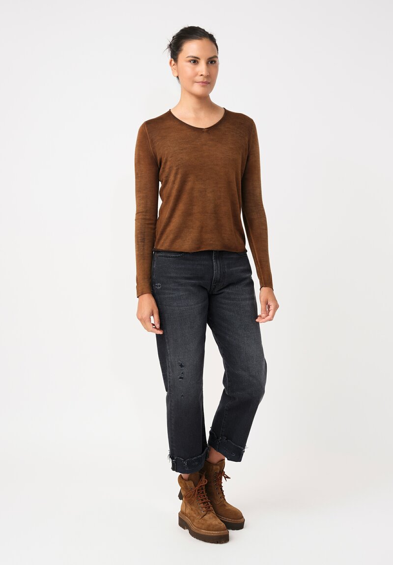 Avant Toi Cashmere & Silk Hand-Painted V-Neck Sweater in Nero & Antilope Brown