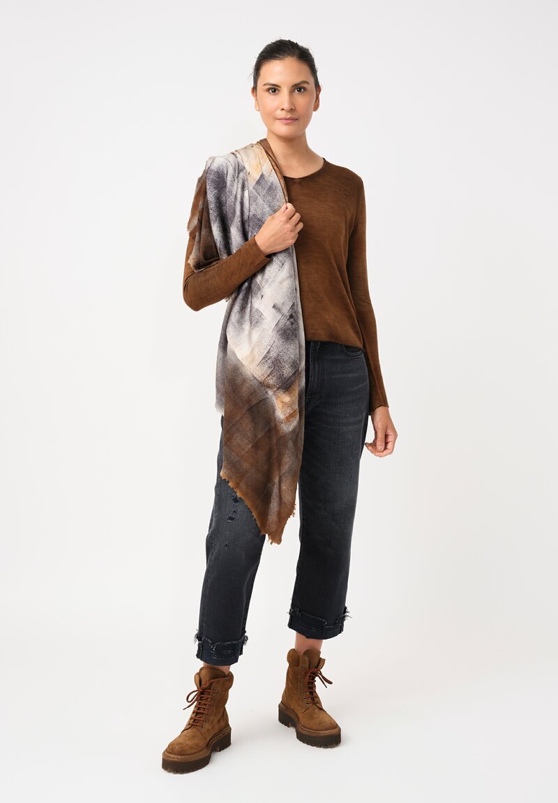 Avant Toi Cashmere & Silk Hand-Painted V-Neck Sweater in Nero & Antilope Brown