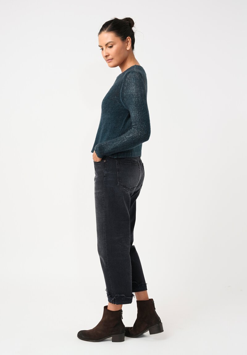 Avant Toi Cashmere & Silk Cropped Rib-Knit Sweater in Nero & Laguna Blue