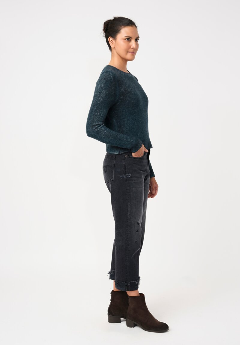 Avant Toi Cashmere & Silk Cropped Rib-Knit Sweater in Nero & Laguna Blue