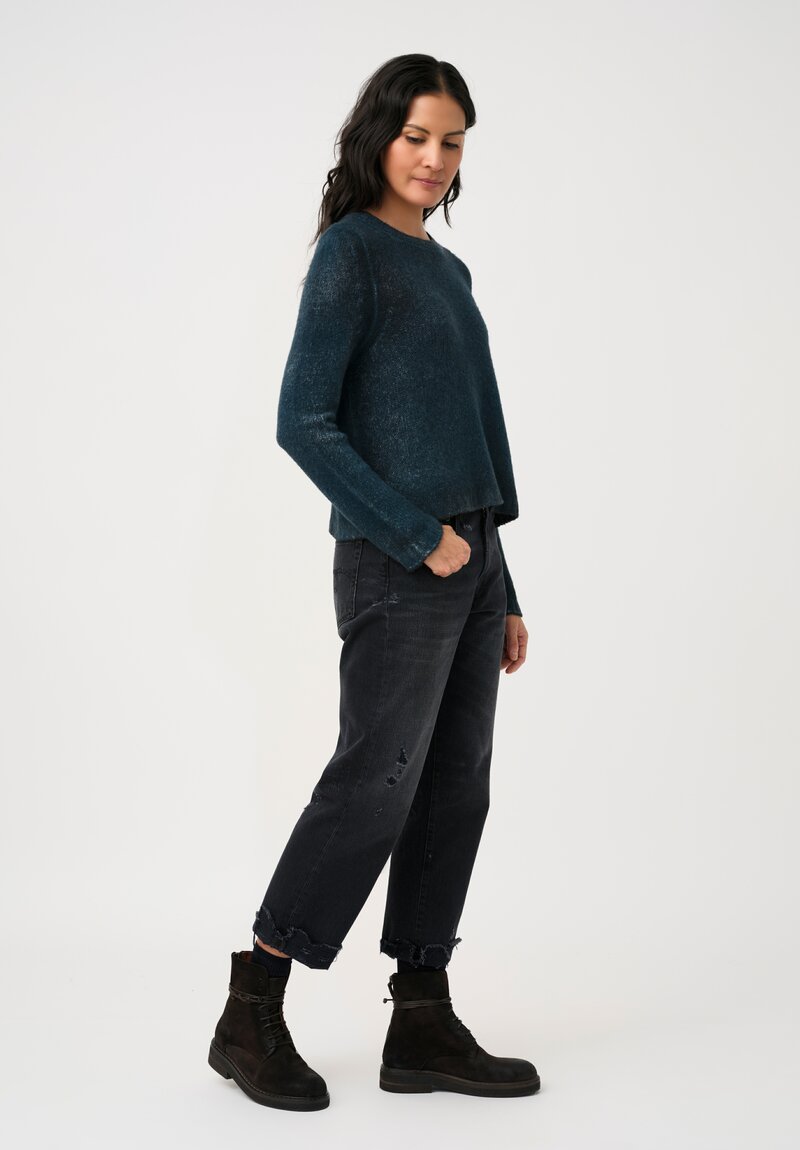 Avant Toi Cashmere & Silk Cropped Rib-Knit Sweater in Nero & Laguna Blue