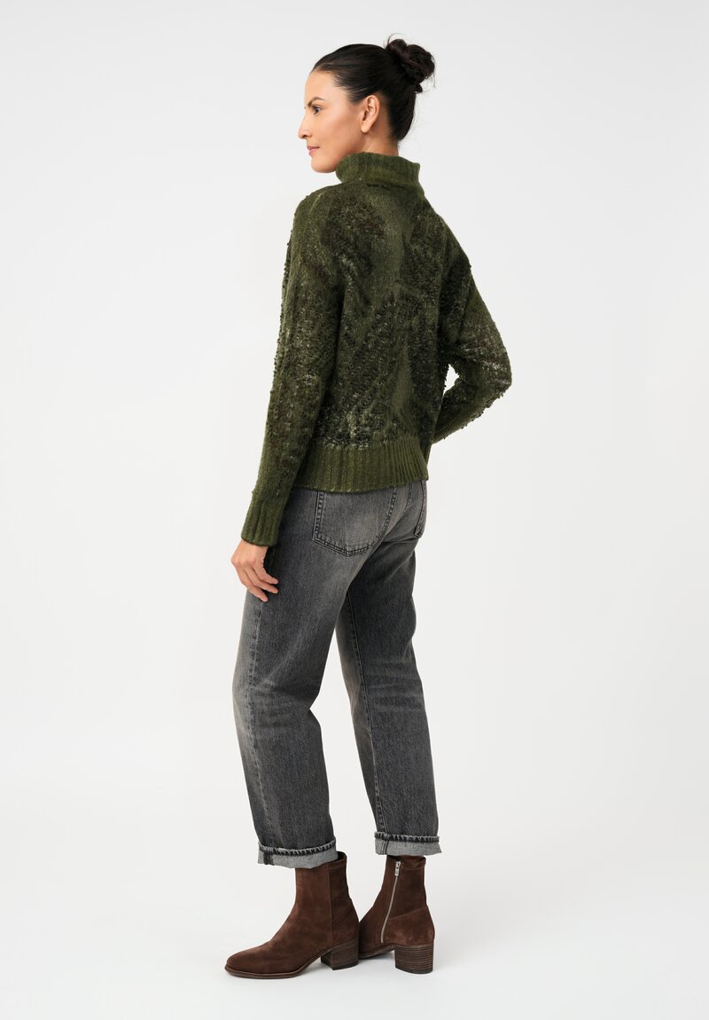 Avant Toi Cashmere & Alpaca Hand-Painted Macchie Turtleneck in Nero & Brughiera Green