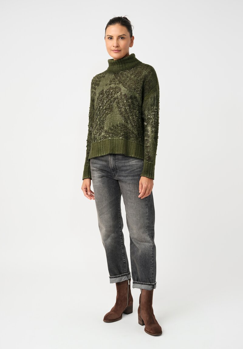 Avant Toi Cashmere & Alpaca Hand-Painted Macchie Turtleneck in Nero & Brughiera Green
