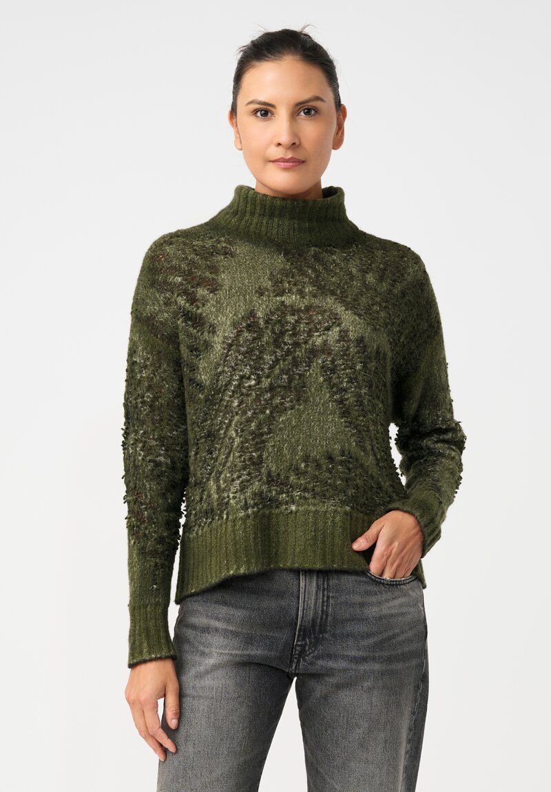 Avant Toi Cashmere & Alpaca Hand-Painted Macchie Turtleneck in Nero & Brughiera Green