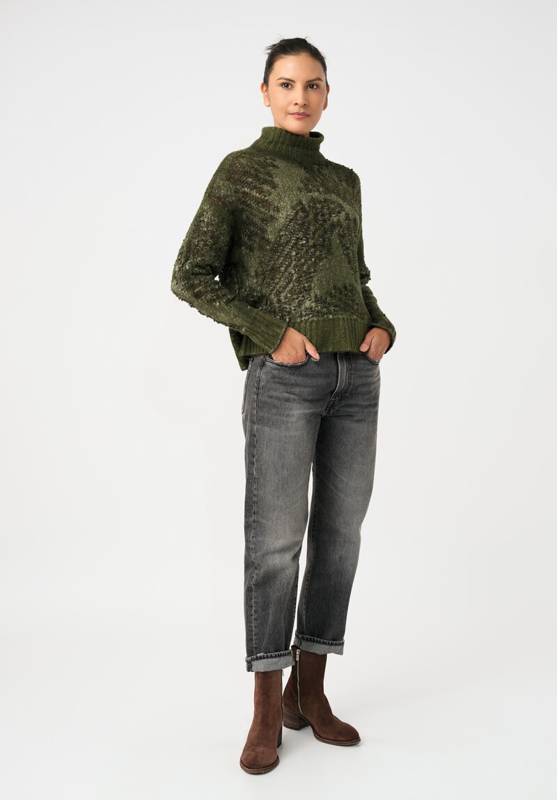 Avant Toi Cashmere & Alpaca Hand-Painted Macchie Turtleneck in Nero & Brughiera Green