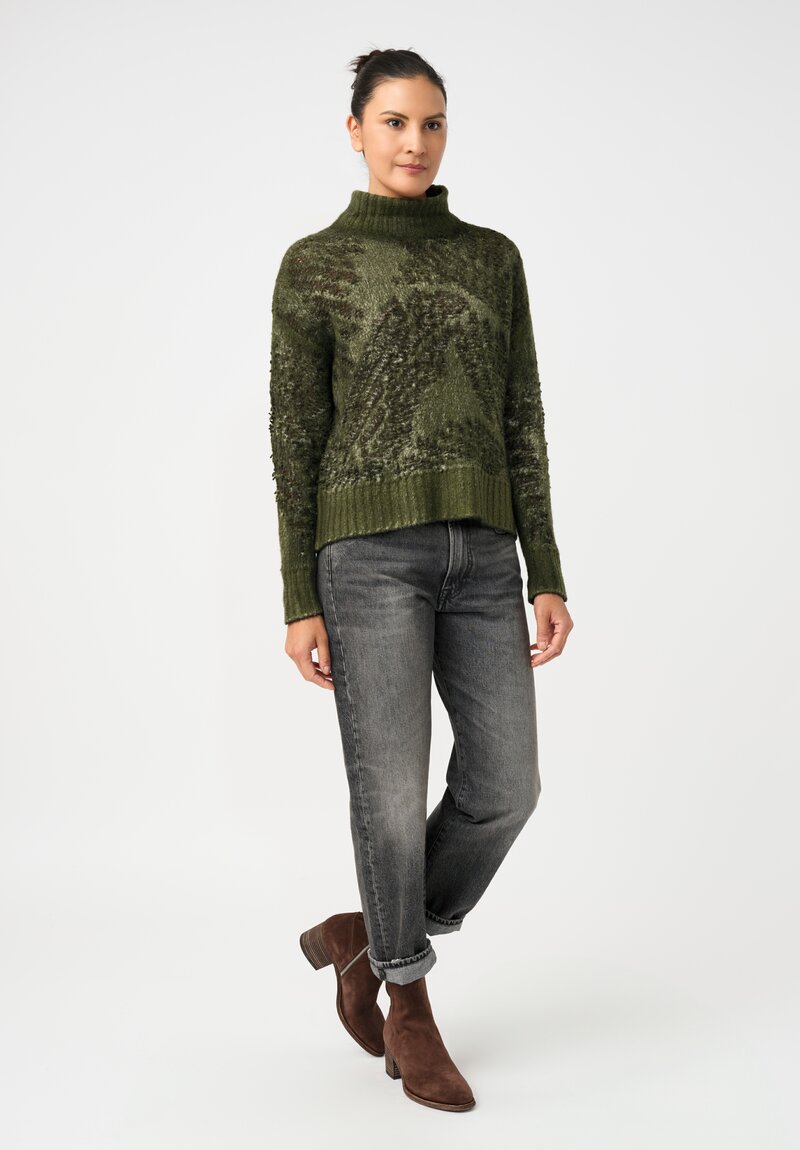 Avant Toi Cashmere & Alpaca Hand-Painted Macchie Turtleneck in Nero & Brughiera Green