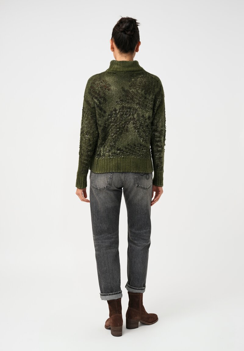 Avant Toi Cashmere & Alpaca Hand-Painted Macchie Turtleneck in Nero & Brughiera Green