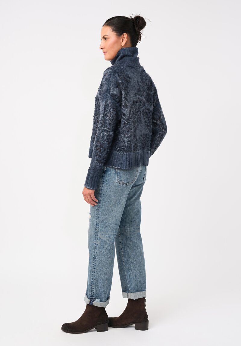 Avant Toi Cashmere & Alpaca Hand-Painted Macchie Turtleneck in Nero & Fiume Blue