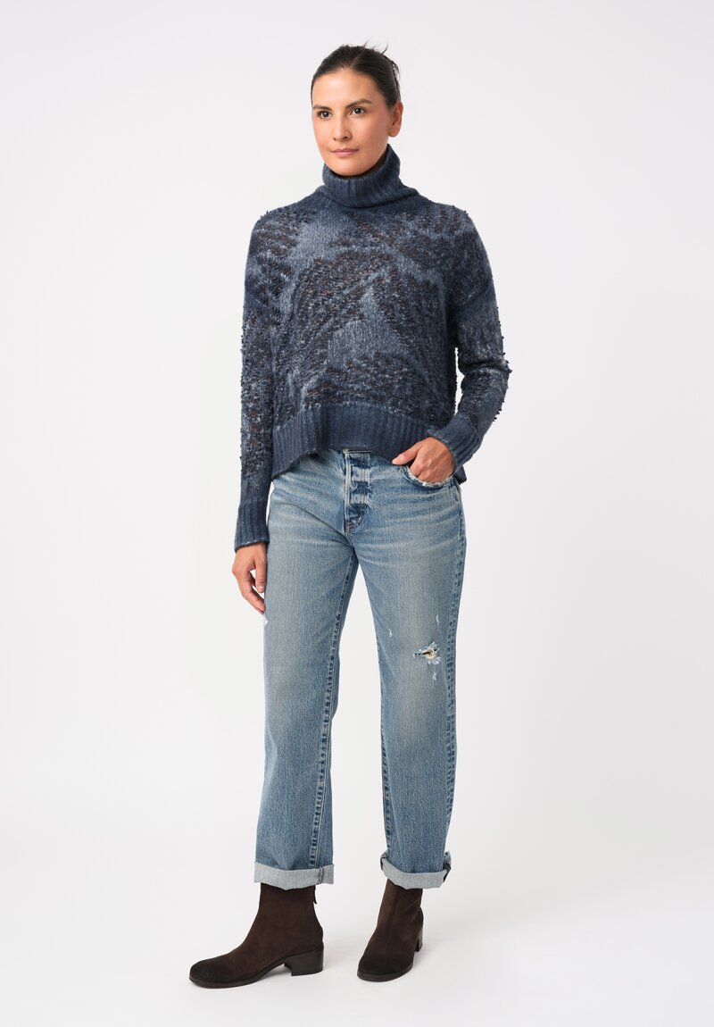Avant Toi Cashmere & Alpaca Hand-Painted Macchie Turtleneck in Nero & Fiume Blue