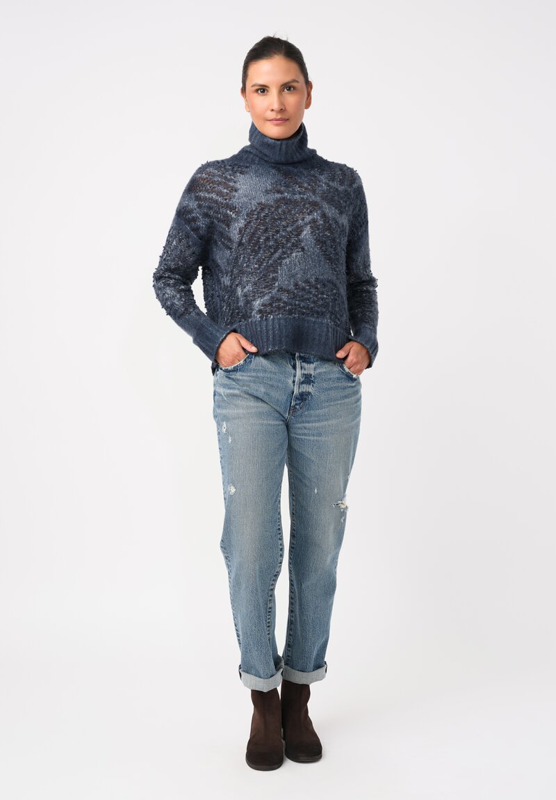 Avant Toi Cashmere & Alpaca Hand-Painted Macchie Turtleneck in Nero & Fiume Blue
