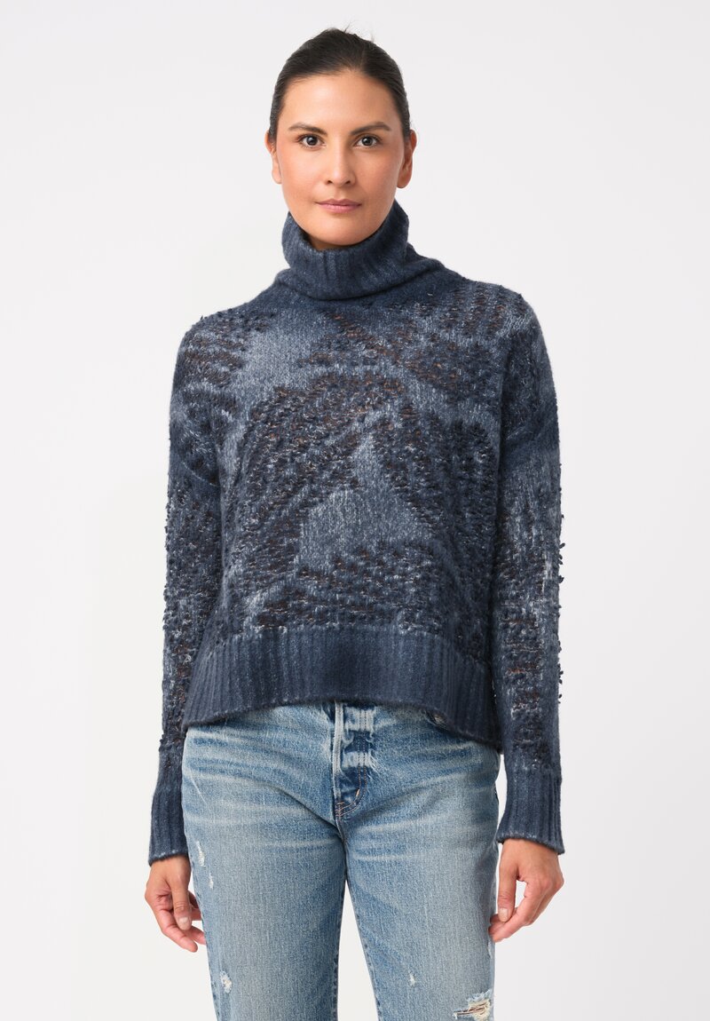 Avant Toi Cashmere & Alpaca Hand-Painted Macchie Turtleneck in Nero & Fiume Blue