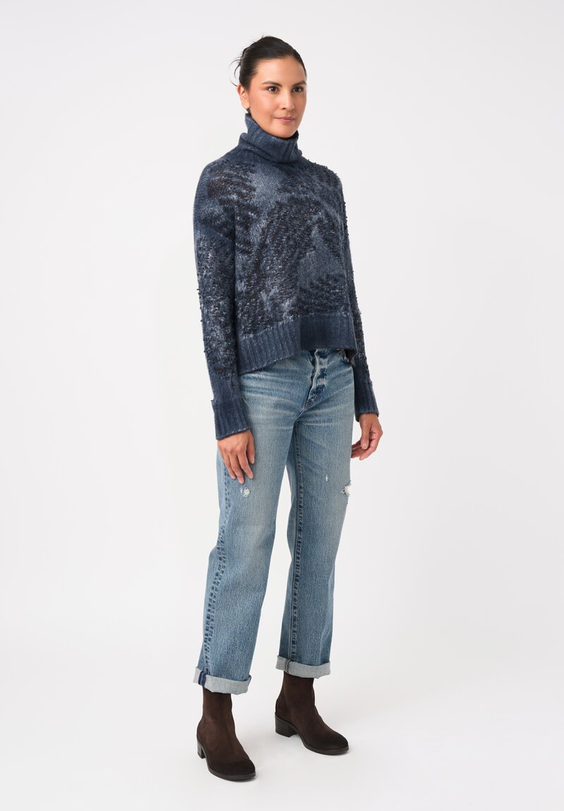 Avant Toi Cashmere & Alpaca Hand-Painted Macchie Turtleneck in Nero & Fiume Blue