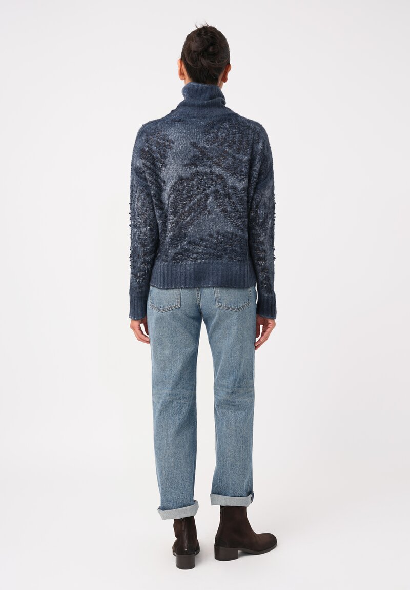 Avant Toi Cashmere & Alpaca Hand-Painted Macchie Turtleneck in Nero & Fiume Blue