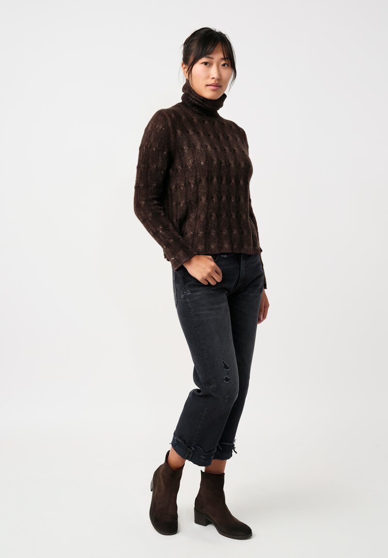 Avant Toi Silk & Cashmere Cable-Knit Turtleneck in Nero & Moro Brown
