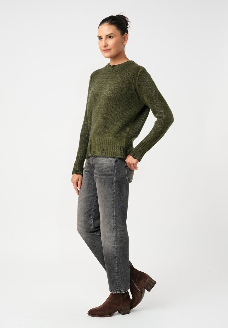 Avant Toi Cashmere & Silk Distressed Garzato Sweater in Nero & Brughiera Green