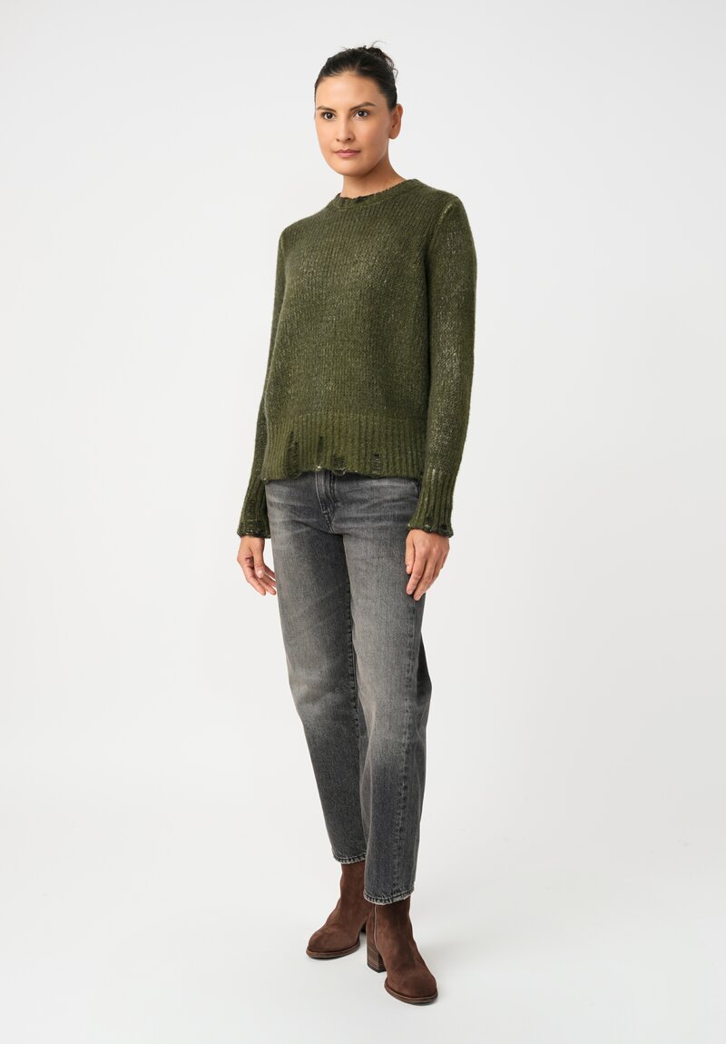 Avant Toi Cashmere & Silk Distressed Garzato Sweater in Nero & Brughiera Green