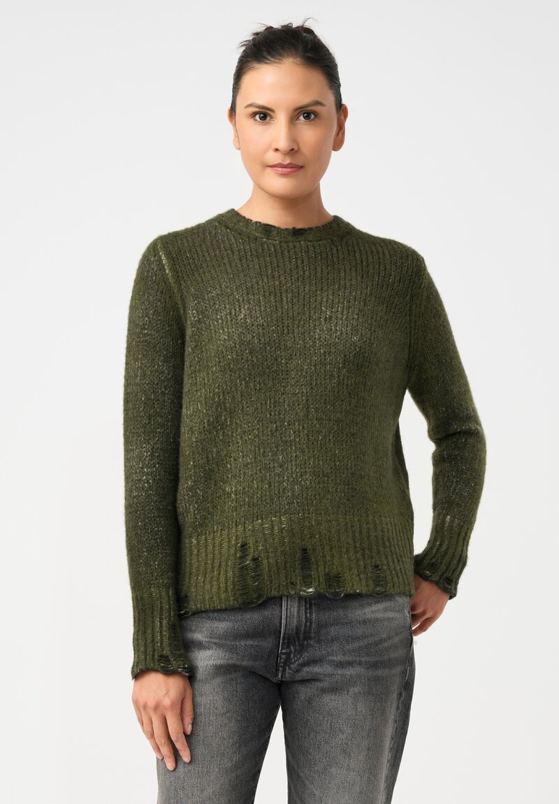 Avant Toi Cashmere & Silk Distressed Garzato Sweater in Nero & Brughiera Green