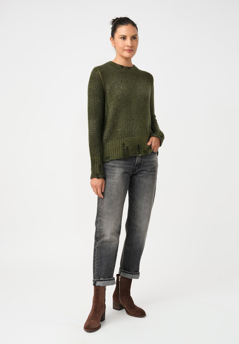 Avant Toi Cashmere & Silk Distressed Garzato Sweater in Nero & Brughiera Green