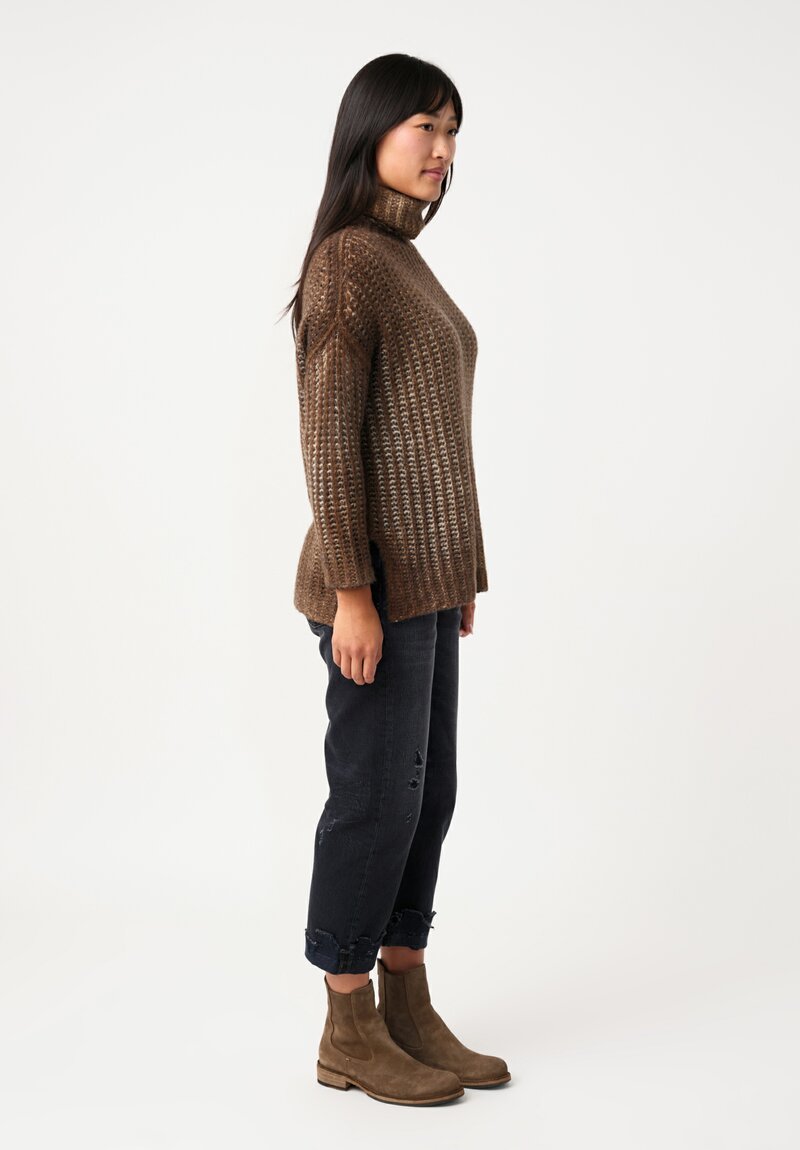 Avant Toi Cashmere & Silk Hand-Painted Pannocchia Turtleneck in Nero & Sughero Brown