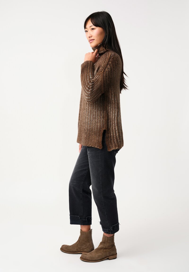 Avant Toi Cashmere & Silk Hand-Painted Pannocchia Turtleneck in Nero & Sughero Brown